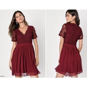 NWT New Lulus Angel in Disguise Burgundy Lace Skater Dress Holiday, Party Size S